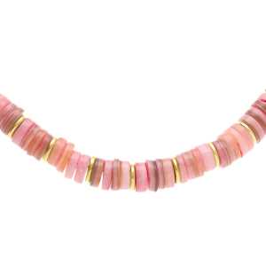 COLLIER ACIER ET PVD DORÉ RONDELLES COQUILLAGE TEINTÉ ROSE 35+9CM