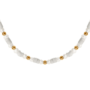 COLLIER ACIER ET PVD DORÉ RONDELLES BLANCHES ET PERLES DE CULTURE D'EAU DOUCE BLANCHES VÉRITABLE 37+5CM