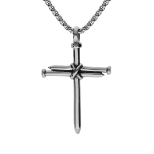 COLLIER ACIER MAILLE JASERON AVEC CROIX 45X34MM  60CM