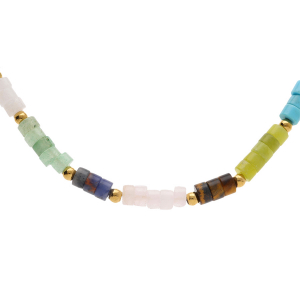 COLLIER ACIER RONDELLES SODALITE, OLIVINE, QUARTZ, OEIL DE TIGRE VÉRITABLE ET TURQUOISE IMITATION 40+5CM