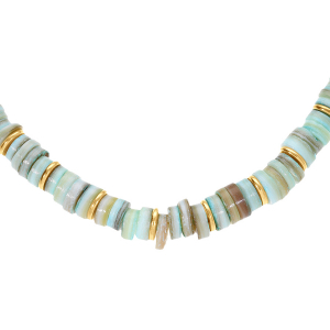 COLLIER ACIER ET PVD DORÉ RONDELLES COQUILLAGE TEINTÉ BLEU 35+9CM