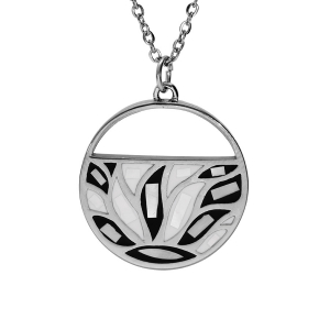 COLLIER ACIER STELLA MIA PENDENTIF ROND RÉSINE ET NACRE BLANCHE ET NOIRE 45+5CM