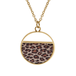 COLLIER ACIER STELLA MIA ET PVD DORÉ PENDENTIF ROND AVEC RÉSINE LEOPARD 45+5CM