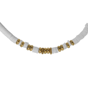 COLLIER ACIER RONDELLES BLANCHES ET BOULES PVD DORÉ  40+5CM