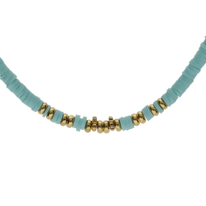 COLLIER ACIER RONDELLES TURQUOISE IMITATION ET BOULES PVD DORÉ  40+5CM