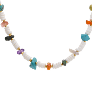COLLIER ACIER RONDELLES COQUILLAGE AVEC AMÉTHYSTE, AGATE ROUGE, OBSIDIENNE ET TURQUOISE IMITATION 40+5CM