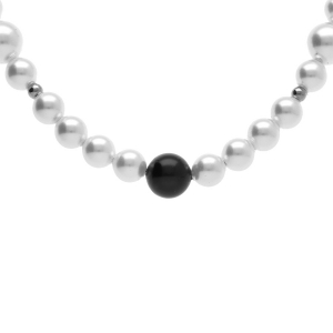 COLLIER ACIER LEWIS PERLES IMITATION 8MM ET 6MM BLANCHES ET NOIRES 45+10CM