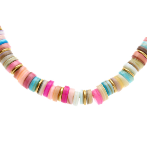 COLLIER ACIER ET PVD DORÉ RONDELLES COQUILLAGE TEINTÉ MULTICOLORE 35+9CM
