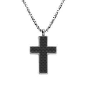 COLLIER ACIER CHAINE JASERON PENDENTIF CROIX CARBONE  25X16MM  50+5CM