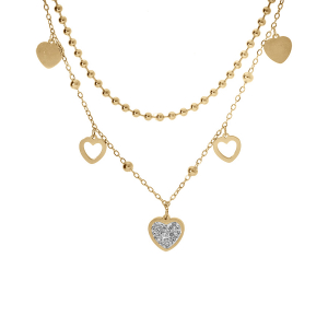 COLLIER ACIER ET PVD DORÉ 2 RANGS CHAINE BOULES  ET PAMPILLES COEURS LISSE ET STRASS 40+5CM