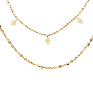 COLLIER ACIER ET PVD DORÉ 2 RANGS CHAINE BOULES ET DIAMANTÉ AVEC LOSANGES 40+5CM