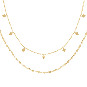 COLLIER ACIER ET PVD DORÉ 2 RANGS CHAINE BOULES ET DIAMANTÉ AVEC LOSANGES 40+5CM