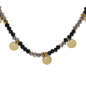COLLIER ACIER ET PVD DORÉ VERRE ET LABRADORITE NOIRE VÉRITABLE AVEC PAMPILLES PASTILLES 38+7CM
