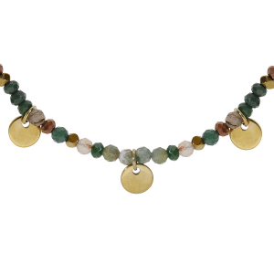 COLLIER ACIER ET PVD DORÉ VERRE ET AGATE VERTE VÉRITABLE AVEC PAMPILLES PASTILLES 38+7CM