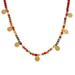 COLLIER ACIER ET PVD DORÉ VERRE ET PIERRE ROUGE VÉRITABLE AVEC PAMPILLES PASTILLES 38+7CM