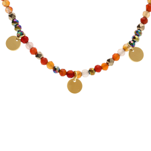 COLLIER ACIER ET PVD DORÉ VERRE ET PIERRE ROUGE VÉRITABLE AVEC PAMPILLES PASTILLES 38+7CM