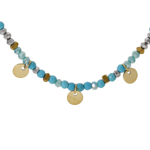 COLLIER ACIER ET PVD DORÉ VERRE ET PIERRE TURQUOISE IMITATION AVEC PAMPILLES PASTILLES 38+7CM