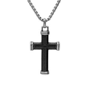 COLLIER ACIER PENDENTIF CROIX STRIEE DIM 50MM X 30MM  PVD NOIR  50+5CM