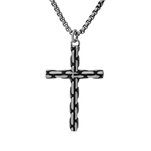 COLLIER ACIER PENDENTIF CROIX DIM 50MM X 35 MM  EN MAILLONS 50+5CM