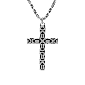 COLLIER ACIER PENDENTIF CROIX DIM 50MM X 35 MM EN MAILLE MECANIQUE  50+5CM