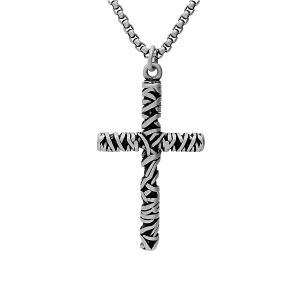 COLLIER ACIER PENDENTIF CROIX DIM 50MM X 35 MM EN FIL ENTREMÉLÉS  50+5CM
