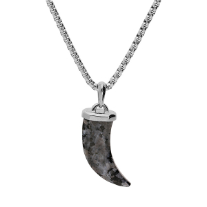 COLLIER ACIER PENDENTIF CORNE 40 MM DE LONG LABRADORITE VÉRITABLE 55+5CM