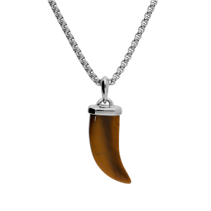 COLLIER ACIER PENDENTIF CORNE 40 MM DE LONG OEIL DE TIGRE VÉRITABLE 55+5CM