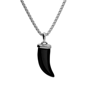 COLLIER ACIER PENDENTIF CORNE 40 MM DE LONG ONYX VÉRITABLE 55+5CM