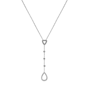 COLLIER ACIER FORME Y OXYDES BLANCS SERTIS CLOS ET GOUTTE AVEC RÉSINE ET STRASS BLANCS  39.5+4CM