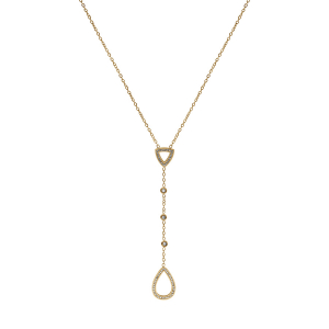COLLIER ACIER ET PVD DORÉ FORME Y STRASS BLANCS SERTIS CLOS ET GOUTTE  39.5+4CM