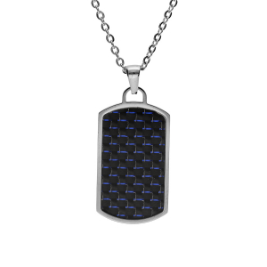 COLLIER ACIER PENDENTIF RECTANGLE PANS ARRONDI CARBONE REFLET BLEU 50+5CM