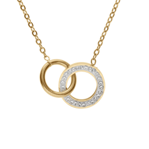 COLLIER ACIER PVD DORÉ DOUBLE CERCLE ENTRELACÉS RÉSINE ET STRASS BLANCS 41+5CM
