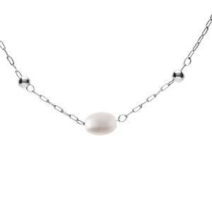 COLLIER ACIER PERLES BLANCHES OVALES IMITATION 44+5CM