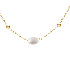 COLLIER ACIER PVD DORÉ PERLES BLANCHES OVALES IMITATION 44+5CM