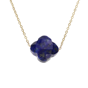 COLLIER ACIER PVD DORÉ TREFLE PIERRE IMITATION FACETÉ BLEU NUIT 40+5CM