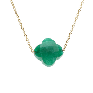 COLLIER ACIER PVD DORÉ TREFLE PIERRE IMITATION FACETÉ VERTE 40+5CM
