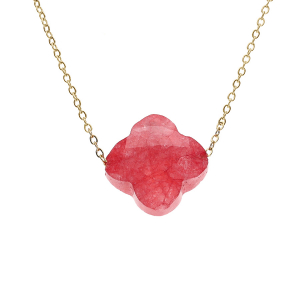 COLLIER ACIER PVD DORÉ TREFLE PIERRE IMITATION FACETÉ FUCHIA 40+5CM