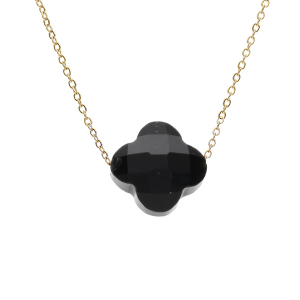 COLLIER ACIER PVD DORÉ TREFLE PIERRE IMITATION FACETÉ NOIRE  40+5CM