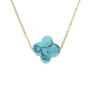 COLLIER ACIER PVD DORÉ TREFLE PIERRE IMITATION FACETÉ TURQUOISE 40+5CM