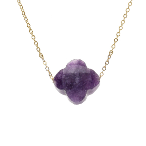 COLLIER ACIER PVD DORÉ TREFLE PIERRE IMITATION FACETÉ VIOLETTE  40+5CM