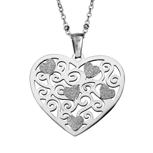 COLLIER ACIER CHAINE AVEC BOULES PENDENTIF COEUR GIVRES 42+4CM