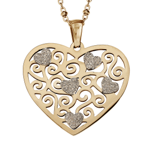 COLLIER ACIER ET PVD DORÉ CHAINE AVEC BOULES PENDENTIF COEUR GIVRES 42+4CM