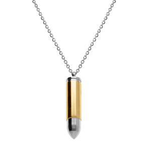 COLLIER ACIER PENDENTIF BALLE DE FUSIL PORTE POUDRE 10 x 42mm  PVD JAUNE 55+5CM
