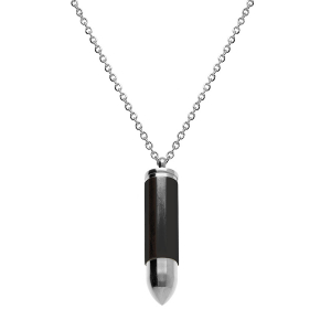 COLLIER ACIER PENDENTIF BALLE DE FUSIL PORTE POUDRE 10 x 42mm  PVD NOIR  55+5CM