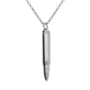 COLLIER ACIER PENDENTIF BALLE DE FUSIL PORTE POUDRE 7 x 43mm  55+5CM