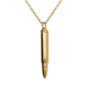 COLLIER ACIER ET PVD JAUNE  PENDENTIF BALLE DE FUSIL PORTE POUDRE 7 x 43mm  55+5CM