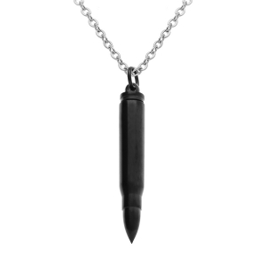 COLLIER ACIER ET PVD NOIR PENDENTIF BALLE DE FUSIL PORTE POUDRE 7 x 43mm  55+5CM
