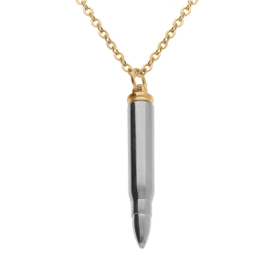 COLLIER ACIER CHAINE DORÉ ET PENDENTIF TOUT ACIER BALLE DE FUSIL PORTE POUDRE 7 x 43mm  55+5CM