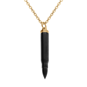 COLLIER ACIER CHAINE DORÉ JAUNE ET PENDENTIF PVD NOIR BALLE DE FUSIL PORTE POUDRE 7 x 43mm  55+5CM