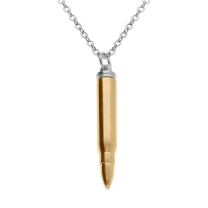 COLLIER ACIER PENDENTIF ACIER DORÉ JAUNE BALLE DE FUSIL PORTE POUDRE 7 x 43mm  55+5CM